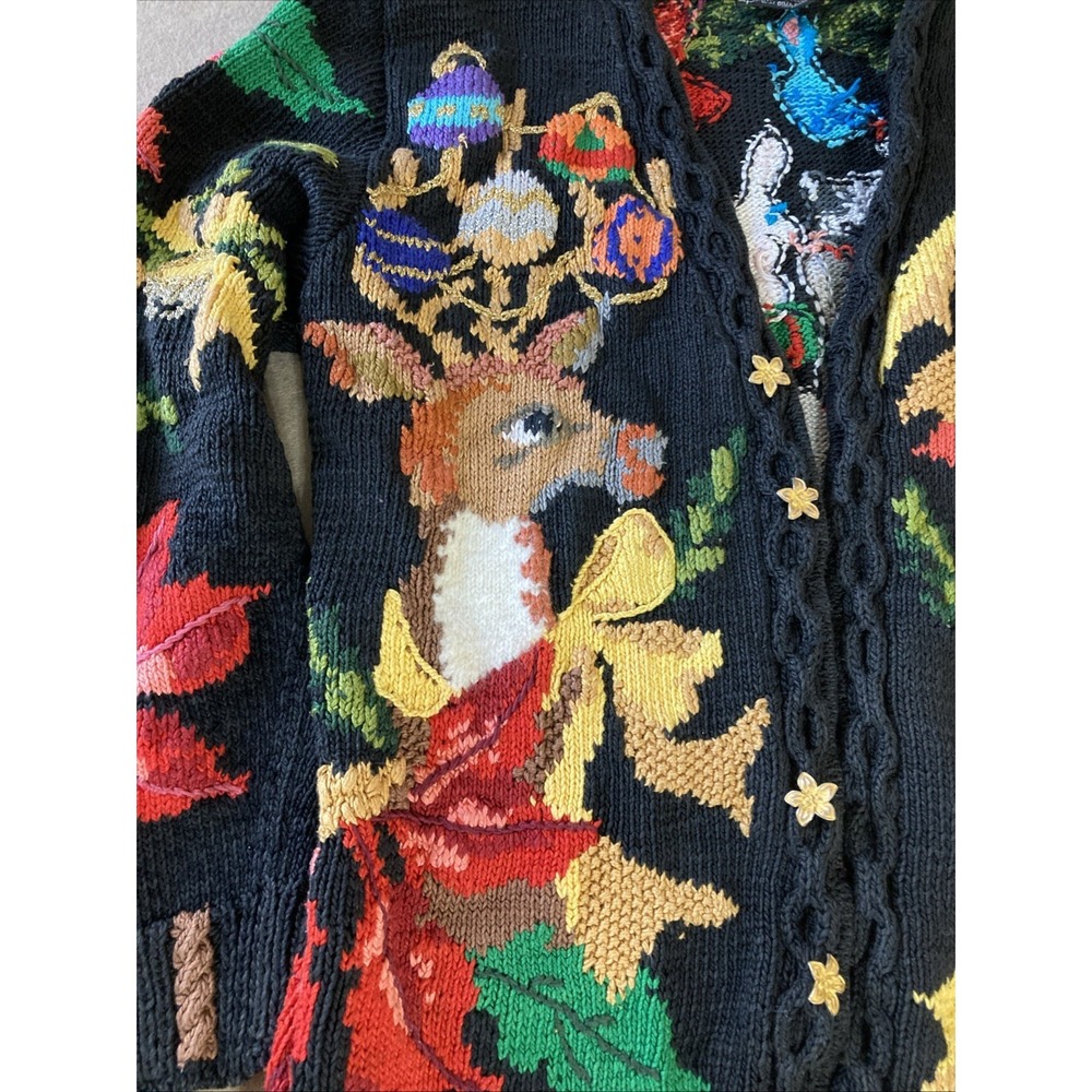 VTG Berek Marta D Hand-Knit Christmas Cardigan Reindeer Sweater Poinsettias Bla - Picture 5 of 9